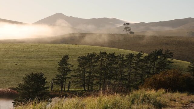 sunrise and fog over lake and farm land, Stanford, South
Africa