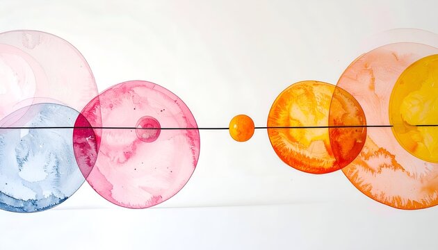 Colorful circles overlap and align along a line on white background