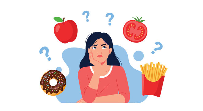 Thinking woman surrounded by question marks while deciding between healthy options like an apple and tomato versus a donut and fries.