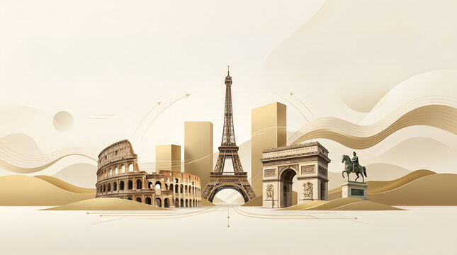 European Landmarks Collage Featuring Eiffel Tower, Colosseum, and Arc de Triomphe