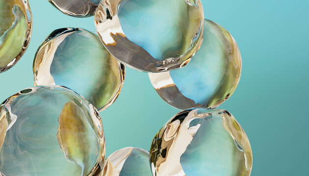 Abstract 3d render of colorful transparent water bubble cluster