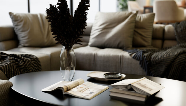 Modern minimalist living room interior with coffee table and sofa