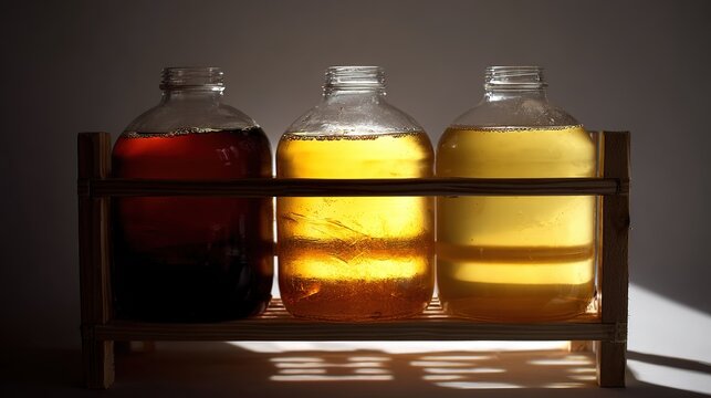 Three large glass carboys on wooden rack with amber and golden liquids, studio light highlighting glass texture and color