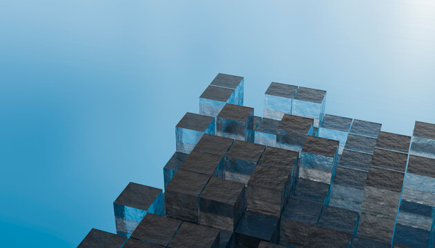 Abstract 3D rendering of stacked dark textured cubes against a blue background