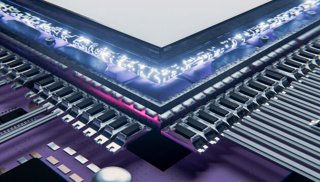 Close-up of glowing microchip on modern motherboard