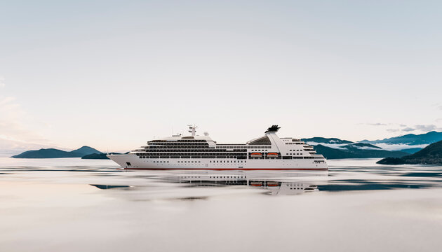Minimalist cruise ship on calm water with mountain landscape