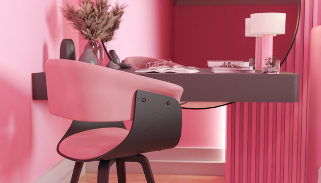 Modern pink home workspace interior with desk and chair