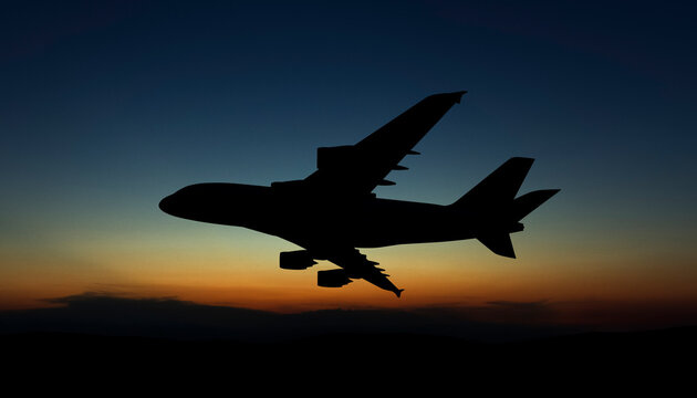Silhouette of an airplane flying outdoors at sunset