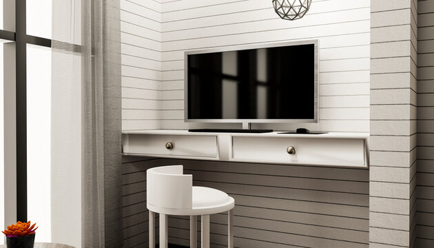 Modern 3d render of an empty home office with a desk and tv