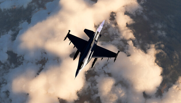 Dynamic top view of a powerful fighter jet in flight