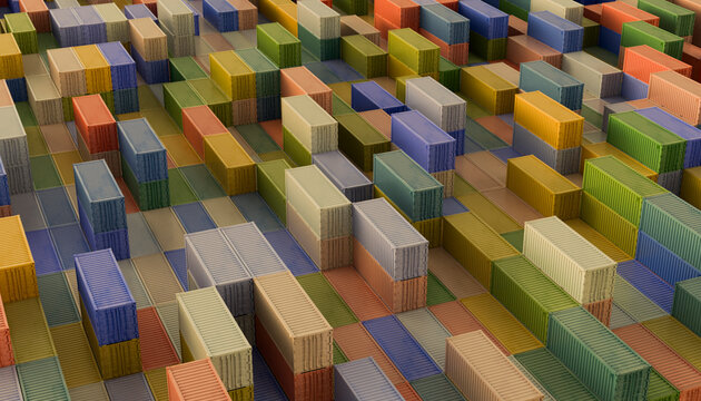 Aerial view of colorful stacked shipping containers