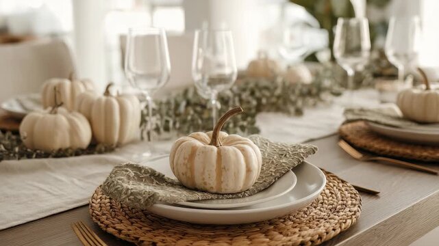 Elegant autumn table setting with white pumpkins and natural decor. Perfect for Thanksgiving or fall gatherings, creating a cozy and inviting atmosphere