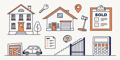 Naklejka premium Collection of real estate and home buying process icons and illustrations for property sale and purchase