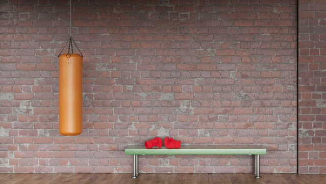 3D rendering of empty gym with punching bag and red boxing gloves