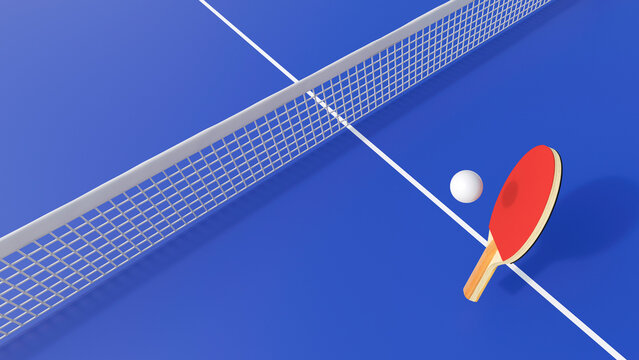 3D render of table tennis racket and ball on blue table