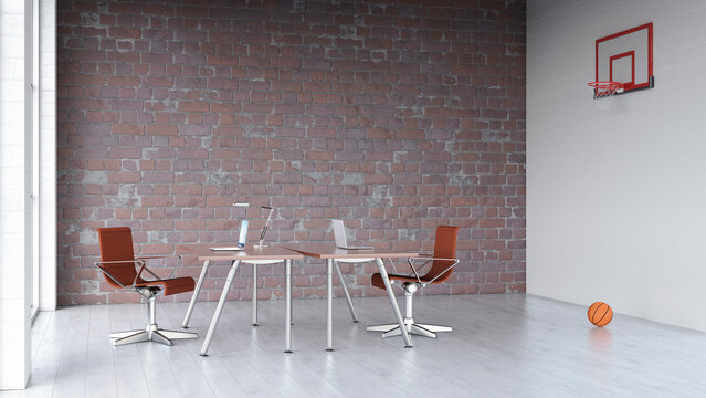 3D rendering of empty modern office with basketball hoop