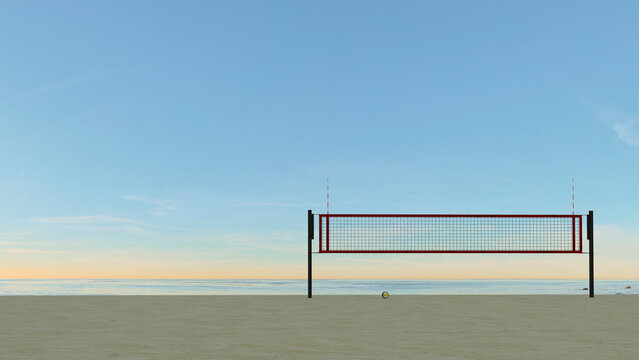 3D rendering of an empty beach volleyball court at sunset