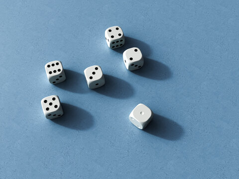 Scattered white dice on a blue background representing chance