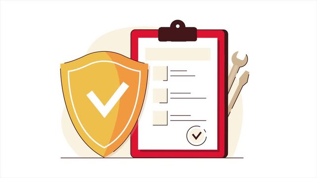 A clipboard with a checklist and a shield featuring a checkmark is shown on a surface.