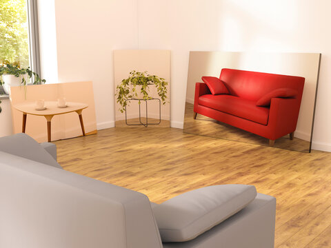 Modern interior design 3d rendering showing furniture choices