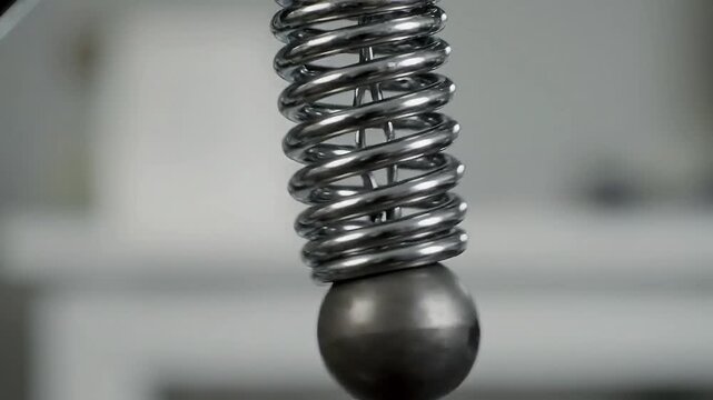 Shiny metal spring with a heavy sphere attached at the bottom oscillating vertically in a rhythmic motion captured in high quality 4k video footage showing physics in a laboratory setting