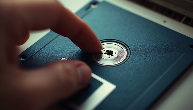 A person's finger pressing the eject button on a floppy disk