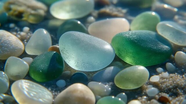 Sea Glass Pebbles Glistening on Sandy Shoreline in Soft Sunlight