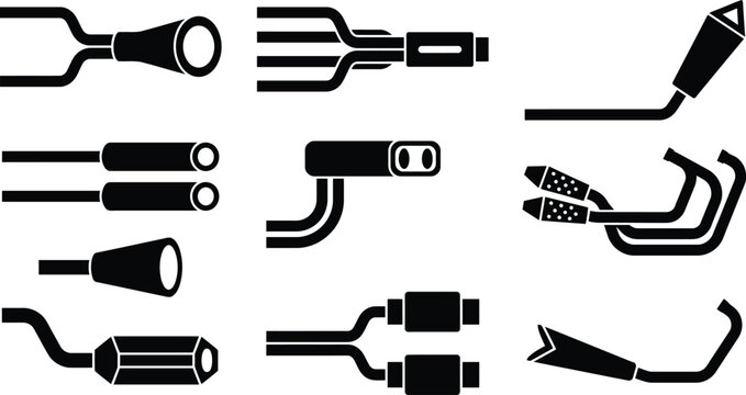 Collection of black and white exhaust pipe and muffler vector icons Vector