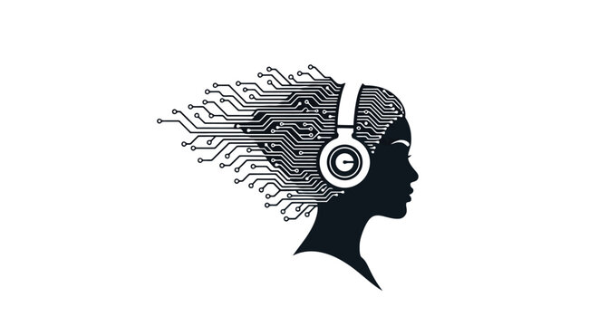 Woman wearing headphones with binary code.