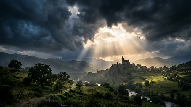 Heavenly Light Piercing Stormy Clouds over a Majestic Mountain Landscape