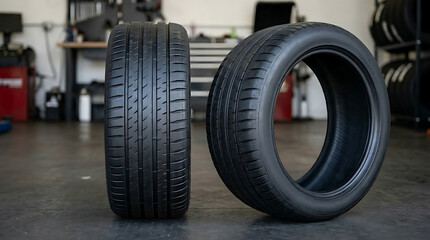 Two black rubber racing tires standing on the floor in a professional automotive garage workshop ready for installation on a fast performance sports vehicle © Hamida