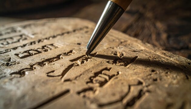 Ancient cuneiform script being carefully etched into a moist clay tablet with a metal stylus, preserving historical records.