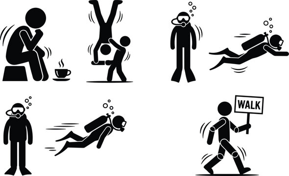 Black Stick Figure Silhouette Icon Set Featuring Scuba Divers Swimming Man Thinking over Coffee Handstand Exercise and Person Holding Walk Sign