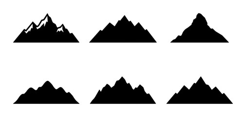Set of six black mountain silhouette icons, representing diverse peaks and rugged landscapes for adventure and nature themes © Farin