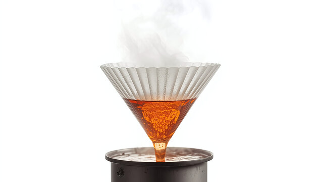 Hot filtration &ndash; a heated glass funnel with fluted filter paper on a white background, a hot saturated solution being poured to remove insoluble impurities, chemistry laboratory technique