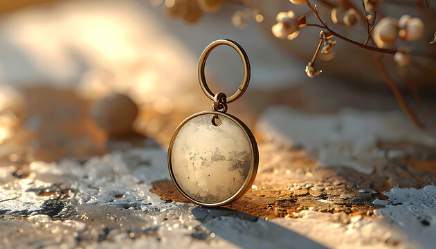 Delicate golden locket pendant with ring on textured surface with soft bokeh and warm sunlight, rustic elegant jewelry detail