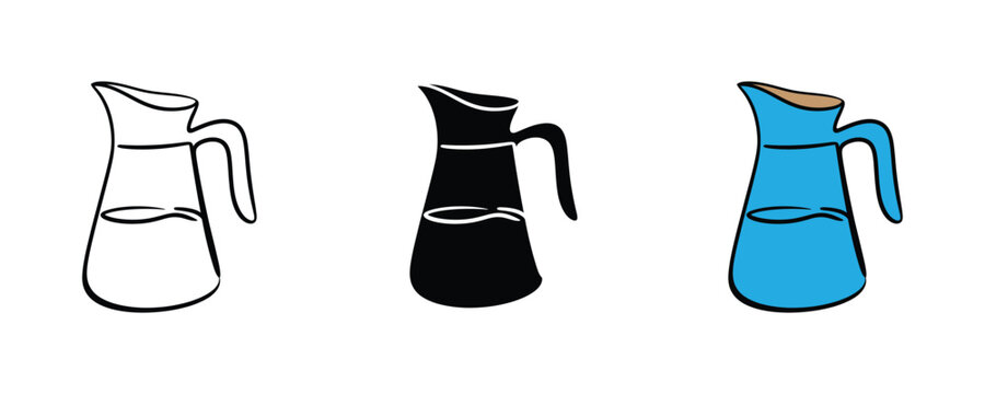 Water pitcher carafe and juice jug icon set. Fresh beverage refreshment, kitchenware restaurant catering, glass liquid container symbol. Vector Illustration