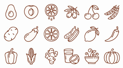 Assortment of Line Art Fruit and Vegetable Icons for Healthy Food © ObStock