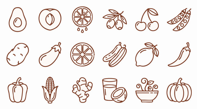 Assortment of Line Art Fruit and Vegetable Icons for Healthy Food