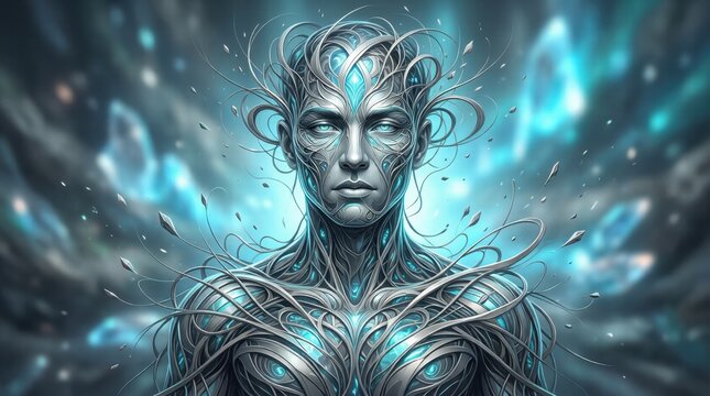 Mysterious figure emerges from ethereal blue energy