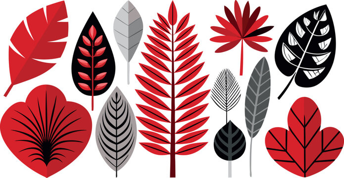 Stylized tropical leaves collection red black and gray vector illustration on white