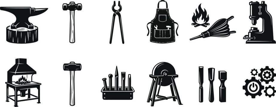 Blacksmith tools icon set, metalworking equipment collection including an anvil, hammer, tongs, apron, fire, and forge. Vector silhouettes for industrial craft, workshop branding, and manufacturing