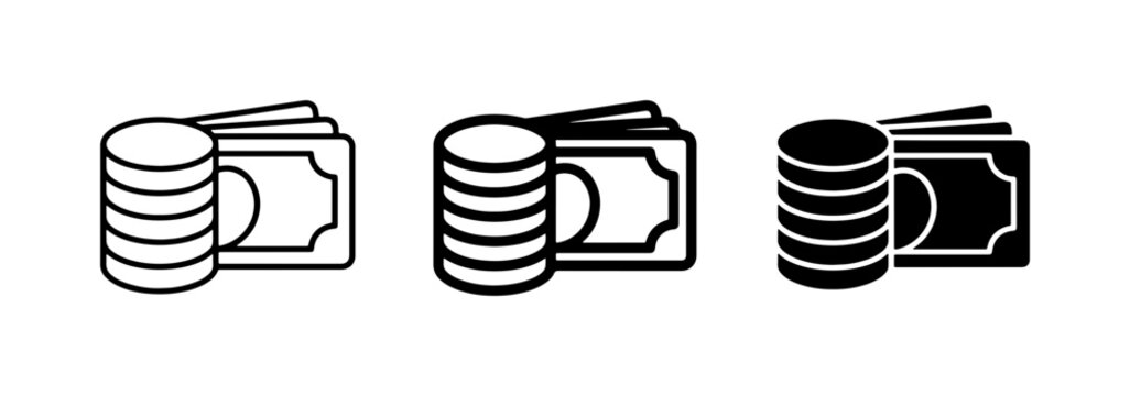 Money Icons, Stack of Coins and Banknotes, Financial Symbols, Business and Finance Vector Graphics