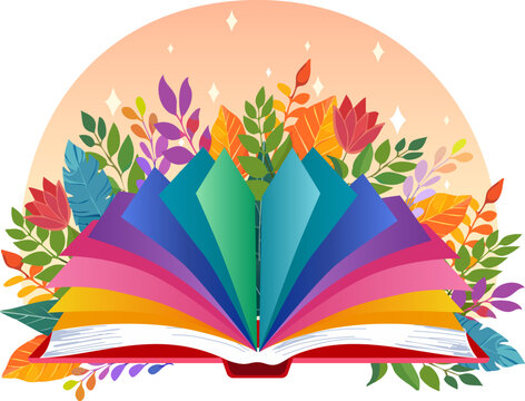 Stylized illustration of a book with multi-colored pages.Vector illustration of an open book with colorful pages and flowers against the backdrop of the sun.