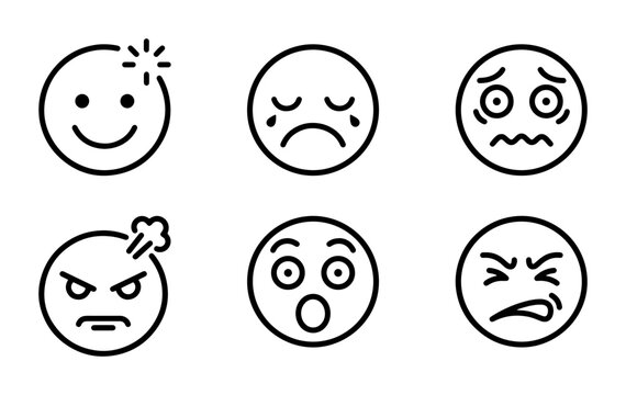 Set of 6 Outline Emoji Icons: Happy, Sad, Scared, Angry, Surprised, Grumpy Faces. Vector Emoticons for Communication.