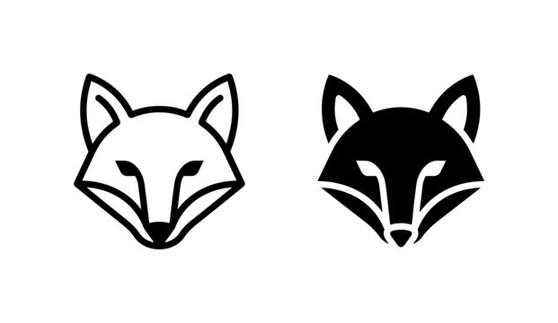 Minimalist Fox Head Icons. Set of two stylized fox faces, black and white vector graphics for wildlife design.