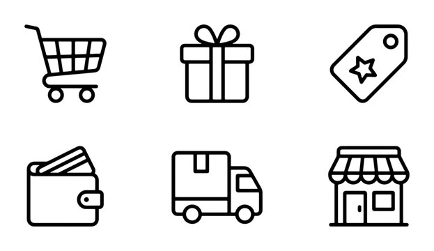 E-commerce Icons Set: Shopping Cart, Gift Box, Tag, Wallet, Delivery Truck, Storefront. Modern outline vector graphics for online retail.