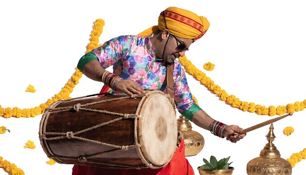 Indian wedding ceremony dhol drum isolated on colorful background With shadow. AI GENERATED.