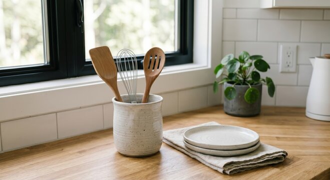 Modern minimalist kitchen with large wooden tabletop in the foreground, generated AI