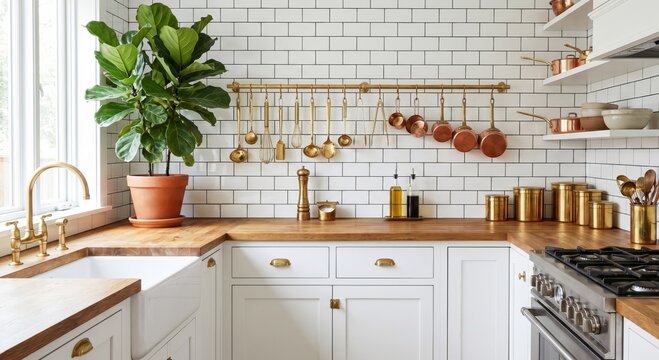 Modern minimalist kitchen with large wooden tabletop in the foreground, generated AI